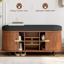 43.3 inch Shoe Storage Bench, 3 Tier Shoe Rack Bench Organizer with Storage, Cushion and Sliding Door Removable