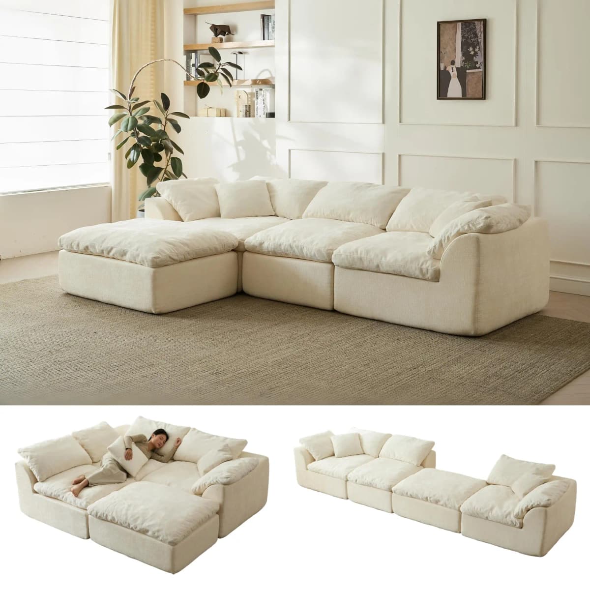 109" Modern Cloud L-Shaped 3-Seater Oversized Deep Seat Chenille Fabric Sofa White Modular Sectional with Ottoman