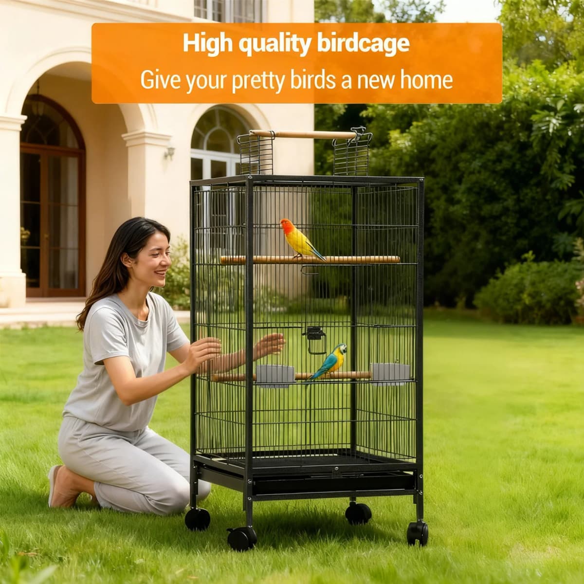 40 Inch Open Top Metal Bird Cage With Wooden Perches Slide-Out Tray Wheels Water Bottle Feeder For Parrot Parakeet Cockatiel