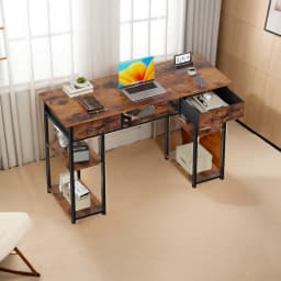 JHK 48 Inch Computer Gaming Desk with Fabric Drawers Storage Shelves Metal Frame Adjustable Feet Table For Bedroom Home Office