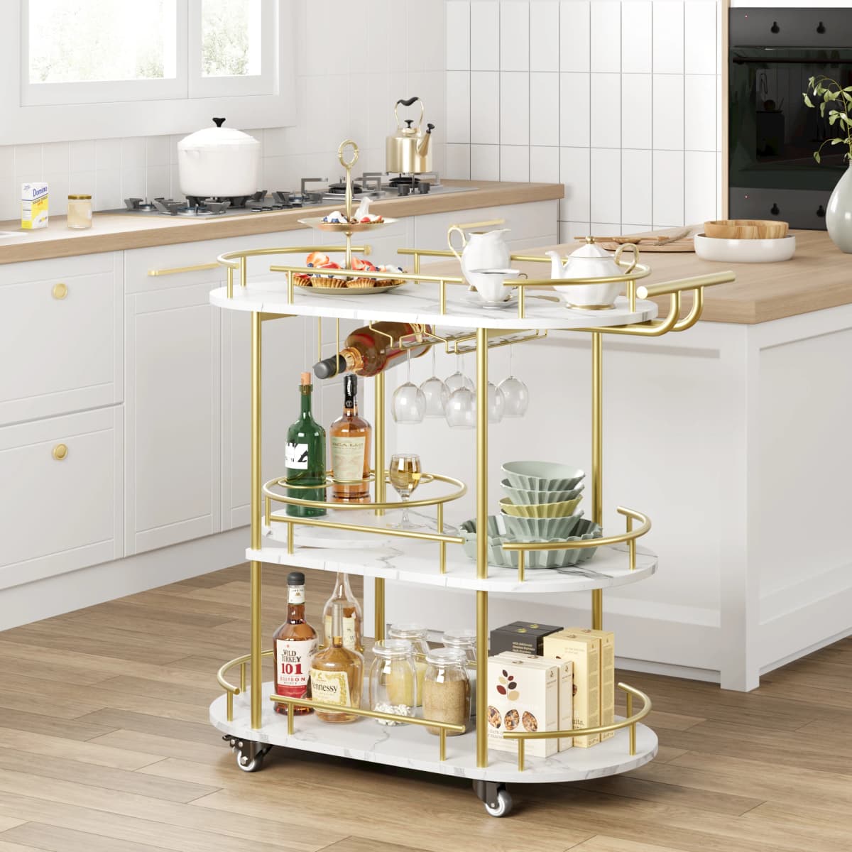 3 Tier Drinks Trolley Bar Cart with Wheels Handle Wine Rack Glass Holders Serving Cart for Kitchen Dining Living Room Bar Hotel
