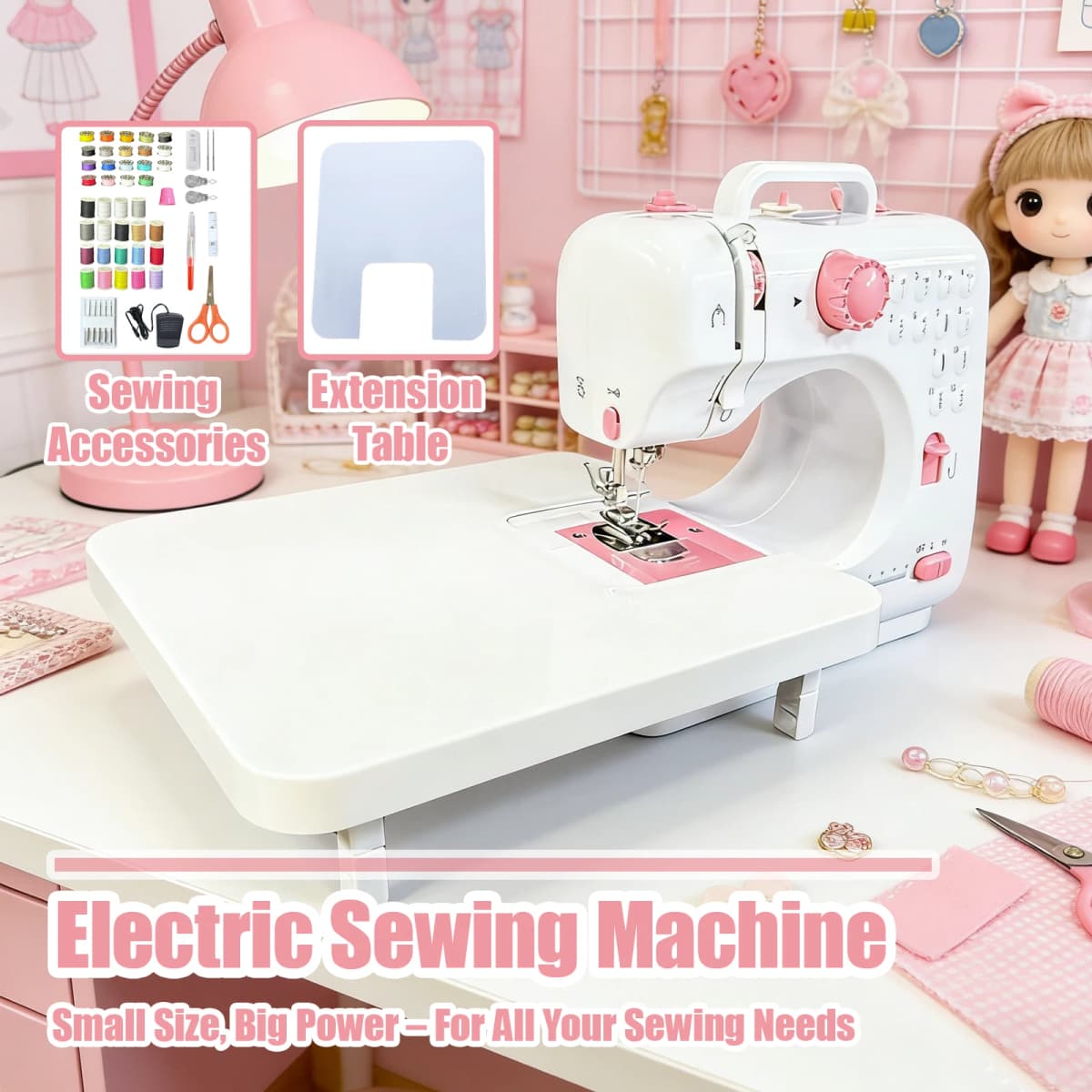 Portable Mini Sewing Machine, Cute Portable Stitching Machine with Extension Table & Tool Kit, for Beginner Easy Sewing,