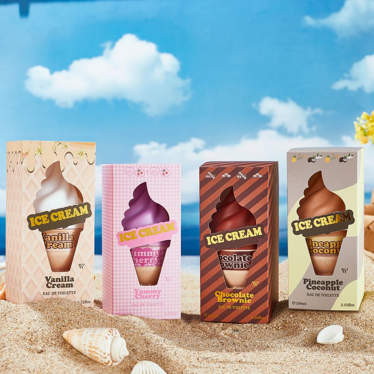 Summer Beach Ice Cream Perfume, 4 Sweet Dessert Scents, Long Lasting Eau de Parfum for Daily Wear, Cute Novelty Gift for Her