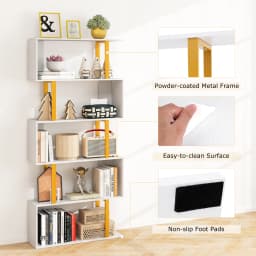 6-Tier Geometric Bookcase 74. 5-Inch S-Shaped Bookshelf with Metal Frame Gold