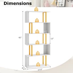 6-Tier Geometric Bookcase 74. 5-Inch S-Shaped Bookshelf with Metal Frame Gold