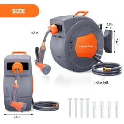 Retractable Garden Hose Reel - 1/2 in x 100 ft, Wall Mounted, 9-Function Sprayer, Any Length Lock, 180° Swivel, Automatic Rewind & Slow Return System