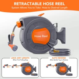 Retractable Garden Hose Reel - 1/2 in x 100 ft, Wall Mounted, 9-Function Sprayer, Any Length Lock, 180° Swivel, Automatic Rewind & Slow Return System