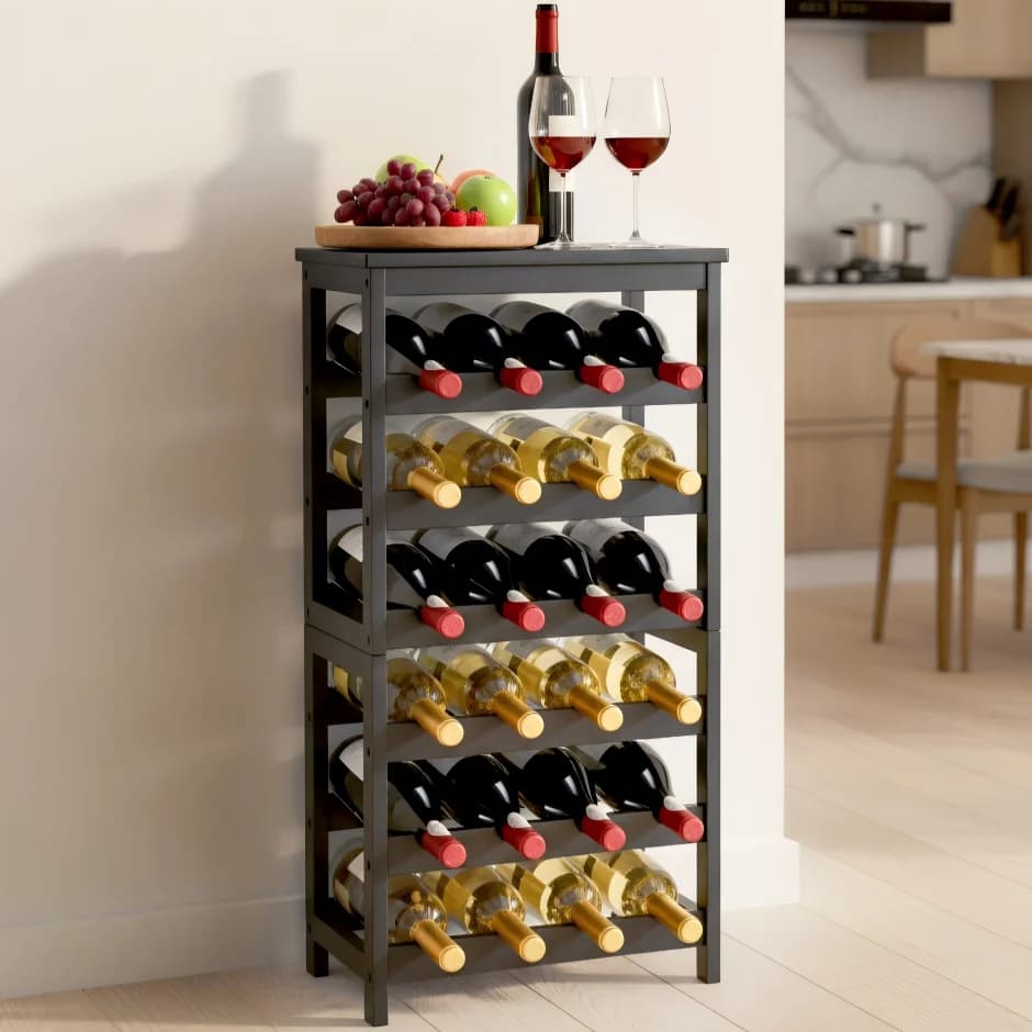 24 Bottle Detachable Wine Rack 6-Tier Freestanding Floor Display Storage Shelves with Table Top Black for Kitchen Cellar Bar