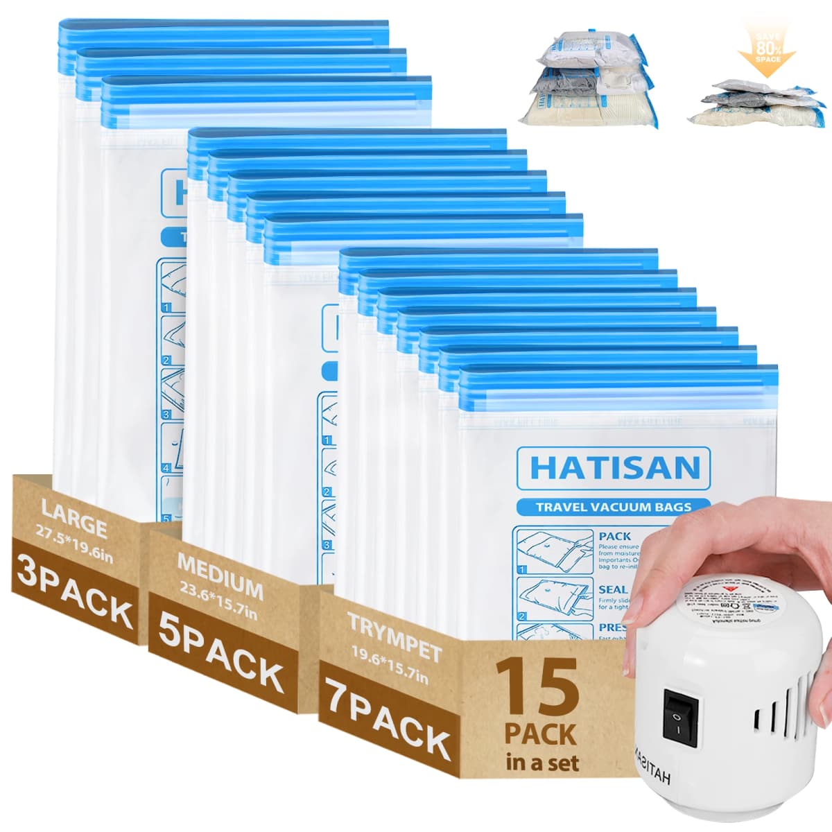 15 Pack Vacuum Storage Bags with Electric Pump, Vacuum Storage Bags Space Saver, Vacuum Compression Bags for Clothes, Bedding