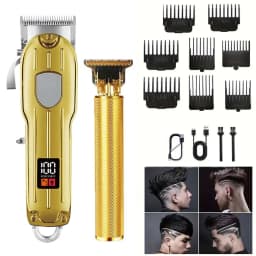 Professional 2-in-1 Gold Hair Clipper & Trimmer Set with LCD Display, USB Rechargeable T-Blade Hair Trimme for Men’s Haircut & Beard Styling