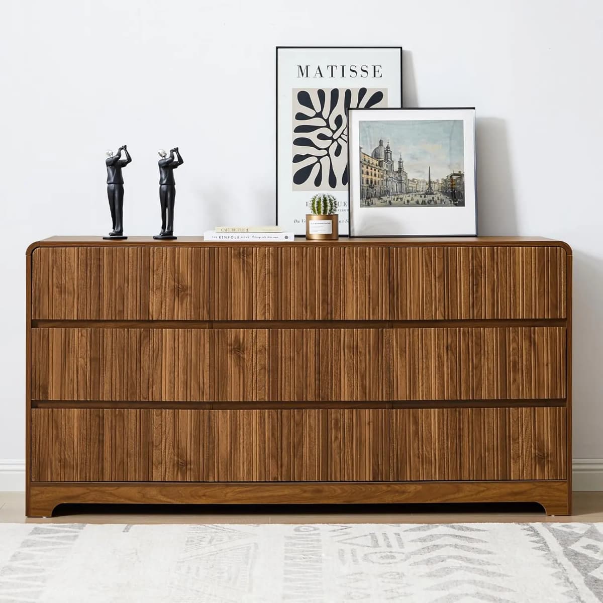 Fluted 9-Drawer Dresser 63" Wide Curved Deep Drawer Wood Bedroom Living Room TV Stand, Customized