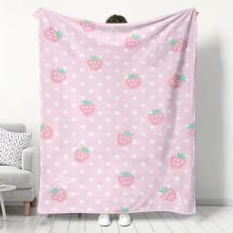 Pink Strawberry Print Flannel Blanket, Soft Warm Cozy Throw for Home Kitchen Sofa Camping Relaxation