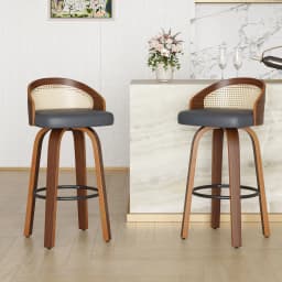 Set of 2 Swivel Bar Stools, Modern Wood Frame with Rattan Back, PU Leather Seat for Kitchen Counter, Bar Table