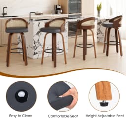 Set of 2 Swivel Bar Stools, Modern Wood Frame with Rattan Back, PU Leather Seat for Kitchen Counter, Bar Table
