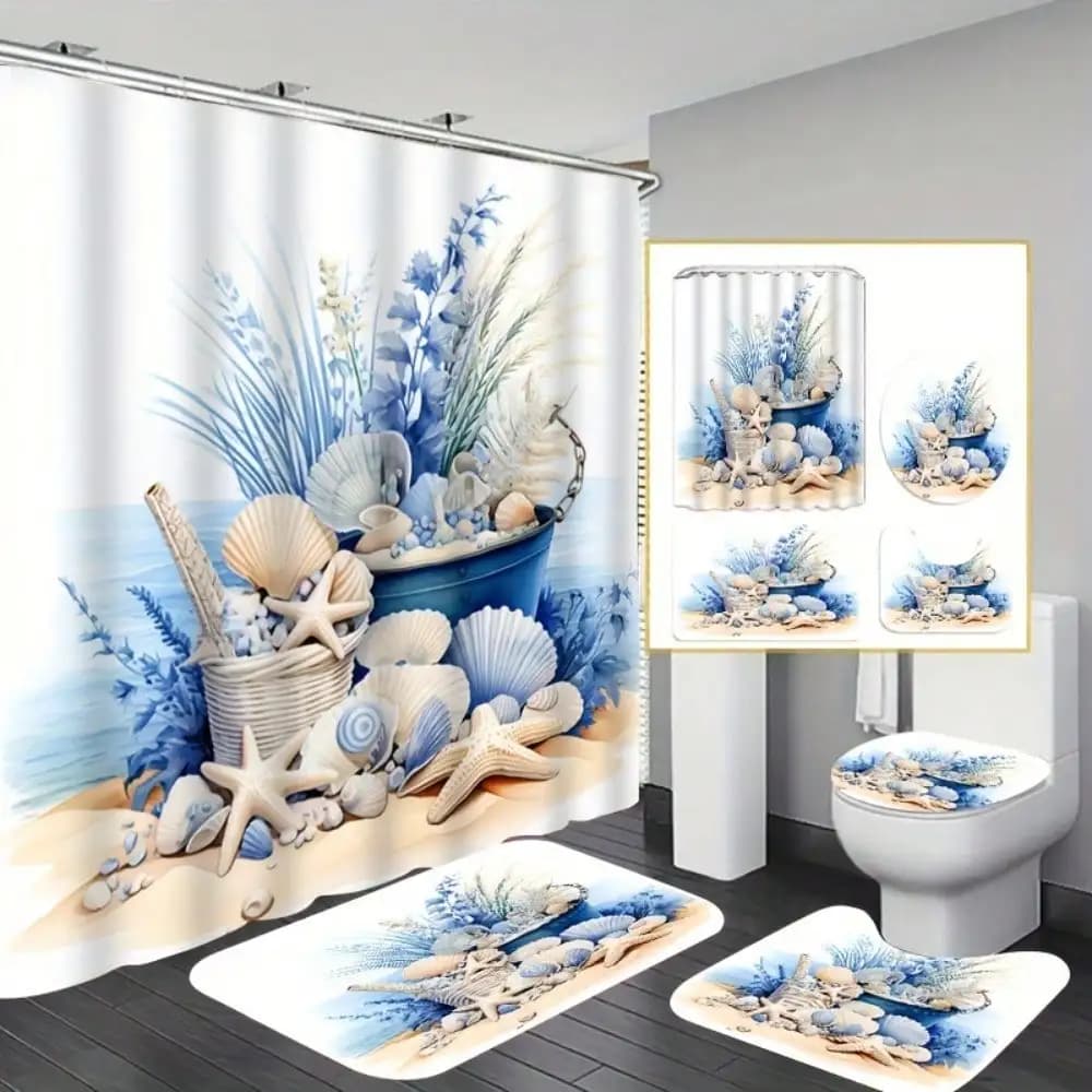 1/3/4pcs Vintage Elegant 3D Shell Starfish Print Bathroom Set, Decorative Bathroom Set Includes Waterproof Shower Curtain