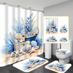 1/3/4pcs Vintage Elegant 3D Shell Starfish Print Bathroom Set, Decorative Bathroom Set Includes Waterproof Shower Curtain