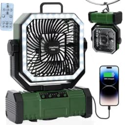 Outdoor Camping Fan 20000mAh Rechargeable Fan with LED Lantern & Remote for Fishing Travel, 4 Speeds 8H Timer, Hanging Hook Bluetooth Fan