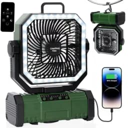 Outdoor Camping Fan 20000mAh Rechargeable Fan with LED Lantern & Remote for Fishing Travel, 4 Speeds 8H Timer, Hanging Hook Bluetooth Fan