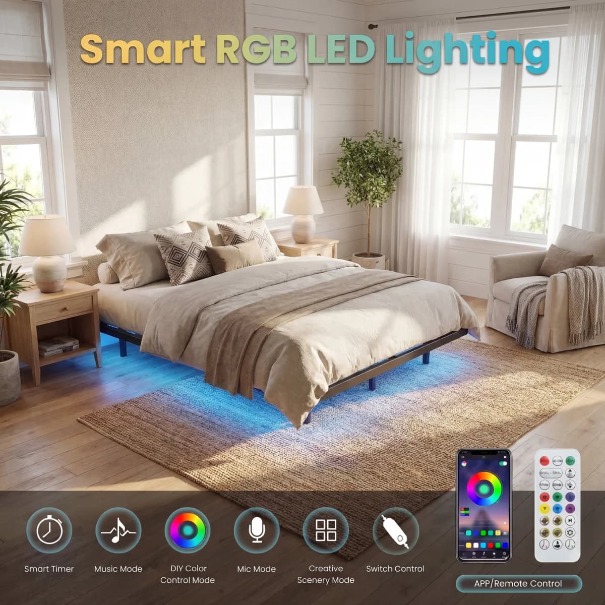 HOOMIC Heavy Duty Floating Bed Frame with Smart LED Lights and Charging Station, No Box Spring Needed Twin/Full/Queen/King