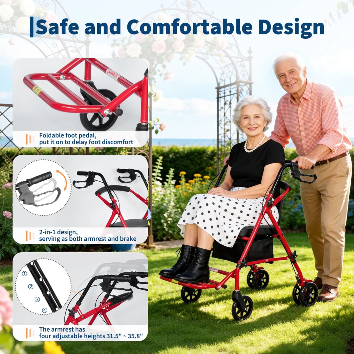 Lightweight Foldable Transport Wheelchair for Adults Foldable Portable Wheelchair Adjustable Height & Underseat Storage Bag