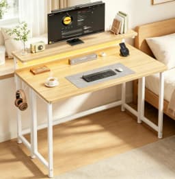 EnHomee Foldable Computer Desk with Monitor Stand & RGB LED Lights, Small Space Gaming Writing Table with Storage & Hooks