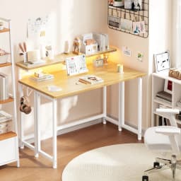 EnHomee Foldable Computer Desk with Monitor Stand & RGB LED Lights, Small Space Gaming Writing Table with Storage & Hooks