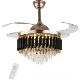 Crystal Ceiling Fan 3 Color Luxury Invisible Chandelier Fan with LED Light Retractable Blades for Living Room , Remote Control