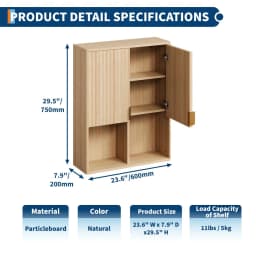 Fluted Bathroom Wall Cabinet, Over Toilet Storage Cabinet with Adjustable Shelf, Modern Wooden Medicine Cabinet with Buffering Hinges, Bathroom Organizer
