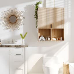Fluted Bathroom Wall Cabinet, Over Toilet Storage Cabinet with Adjustable Shelf, Modern Wooden Medicine Cabinet with Buffering Hinges, Bathroom Organizer