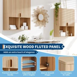 Fluted Bathroom Wall Cabinet, Over Toilet Storage Cabinet with Adjustable Shelf, Modern Wooden Medicine Cabinet with Buffering Hinges, Bathroom Organizer