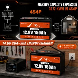 Buknuwo Smart 12V/12.8V 150Ah Bluetooth LiFePO4 Lithium Battery, 1920Wh Power Energy Battery, Built-in 100A BMS Grade A Cells, Low-Temp Protection, Capable Of Over 4, 000 Cycles Support Series/Parallel Battery For Solar, RV, Marine, Off-Grid Application