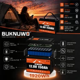 Buknuwo Smart 12V/12.8V 150Ah Bluetooth LiFePO4 Lithium Battery, 1920Wh Power Energy Battery, Built-in 100A BMS Grade A Cells, Low-Temp Protection, Capable Of Over 4, 000 Cycles Support Series/Parallel Battery For Solar, RV, Marine, Off-Grid Application