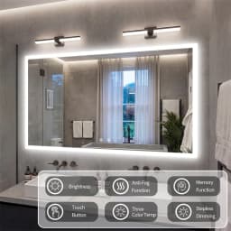 LED Rectangular Wall Mount Smart Bathroom Vanity Mirror Tempered Glass with 3 Color Temperature Options And Defog Feature for Makeup