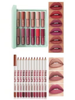 12pcs Matte Liquid Lipstick Set with 12pcs Lip Liners Non-Sticky Cup Lip Gloss Gift Box Lip Care Friendly