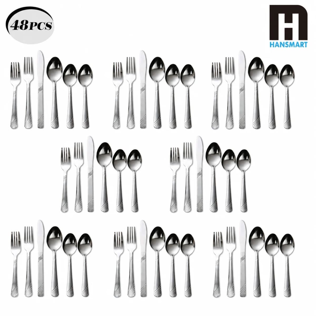 HANSMART 48-Piece Stainless Steel Flatware Set Service for 8 Silver Cutlery Set Silverware Set Kitchen Tableware Utensils Set with 16 Teaspoons Spoons Forks Knives Dinner Cutlery Silverware Sets