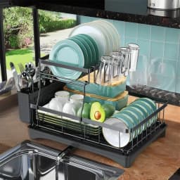 Kitchen Storage Rack, 2 Tier Dish Drainer with Drip Tray and Drainer Mat,with Utensil Holder, Swivel Spout, Draining Board