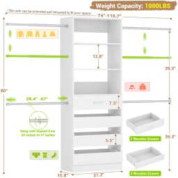 4-9Ft Closet System with 4 Wooden Drawers, Walk-in Closet Organizer Wardrobe Clothes Rack with 4 Hanging Rods, Garment Rack