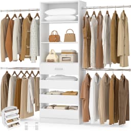 4-9Ft Closet System with 4 Wooden Drawers, Walk-in Closet Organizer Wardrobe Clothes Rack with 4 Hanging Rods, Garment Rack