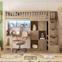 Twin Loft Bed Solid Wood L-Shaped Desk Storage Stairs LED Lights Shelves Cabinets Bookshelves Teens Adults Walnut, Customized