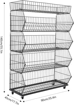 5 Tier Large Wire Metal Mobile Supermarket Storage Shelf,Fruit Vegetable Snack Supply Basket for Home Store Market
