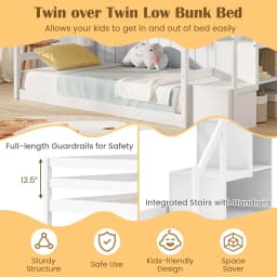 Twin Over Twin Solid Wood Bunk Bed with Storage Stairs Guardrails for Kids Teens Dorm Space Customized