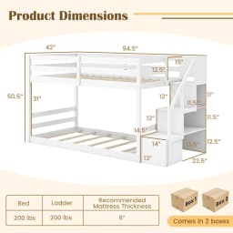 Twin Over Twin Solid Wood Bunk Bed with Storage Stairs Guardrails for Kids Teens Dorm Space Customized