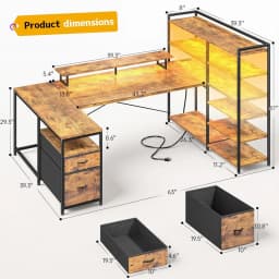 L Shaped Desk with Monitor Stand, 63'' Reversible U Shaped Office Desk with 6 Tire Storage Shelves & 2 Fabric Drawers
