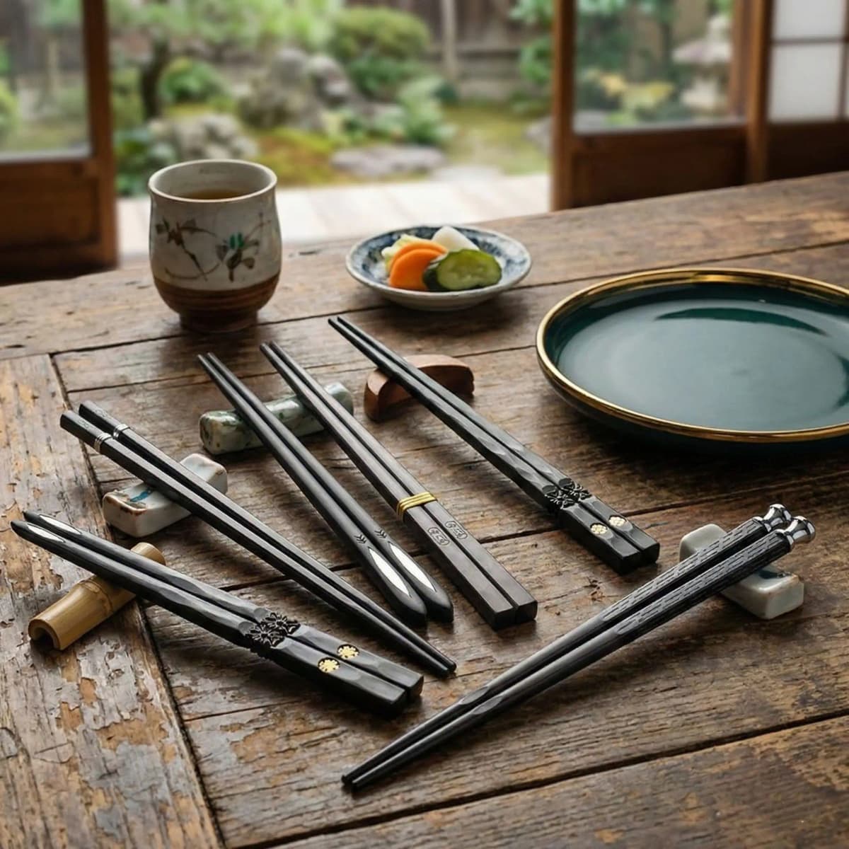 Black Alloy Chopsticks 5-Piece Set, Reusable Durable Kitchen Tableware