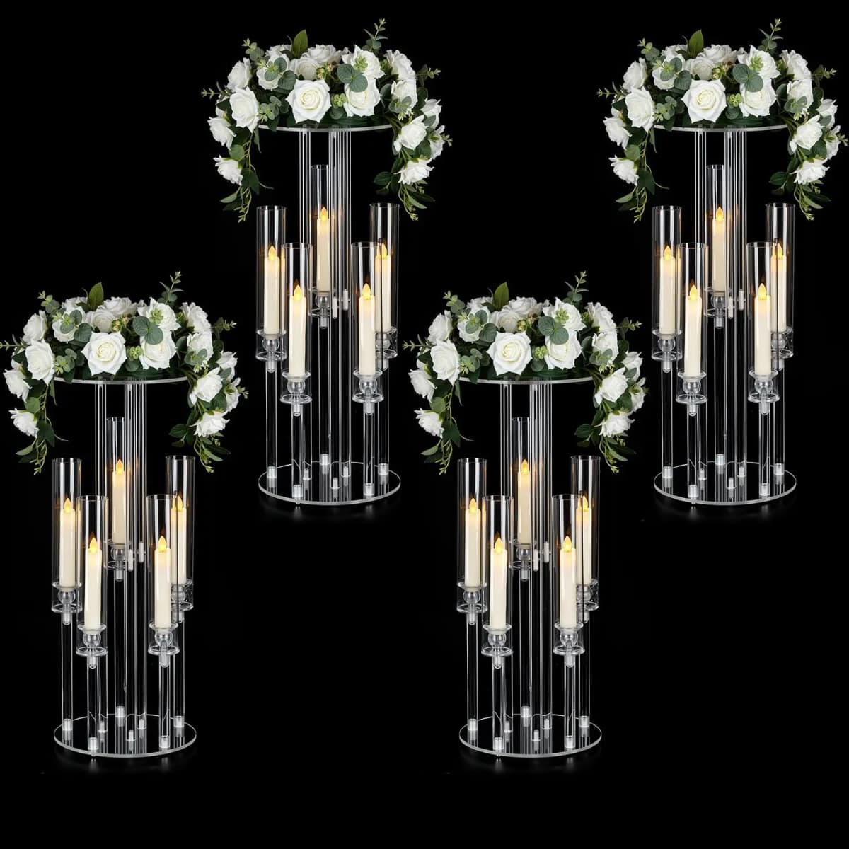 4PCS Acrylic Candelabra 5 Arm Clear Centerpiece for Wedding Table | Crystal Candle Holder with Lampshade for Birthday Christmas Party Dining Room Decor