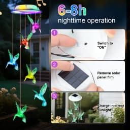 2/1pcs Solar Hummingbird Wind Chimes Colorful Gradient LED Lights Garden Balcony Decoration Pendant No Need to Plug In and Swing
