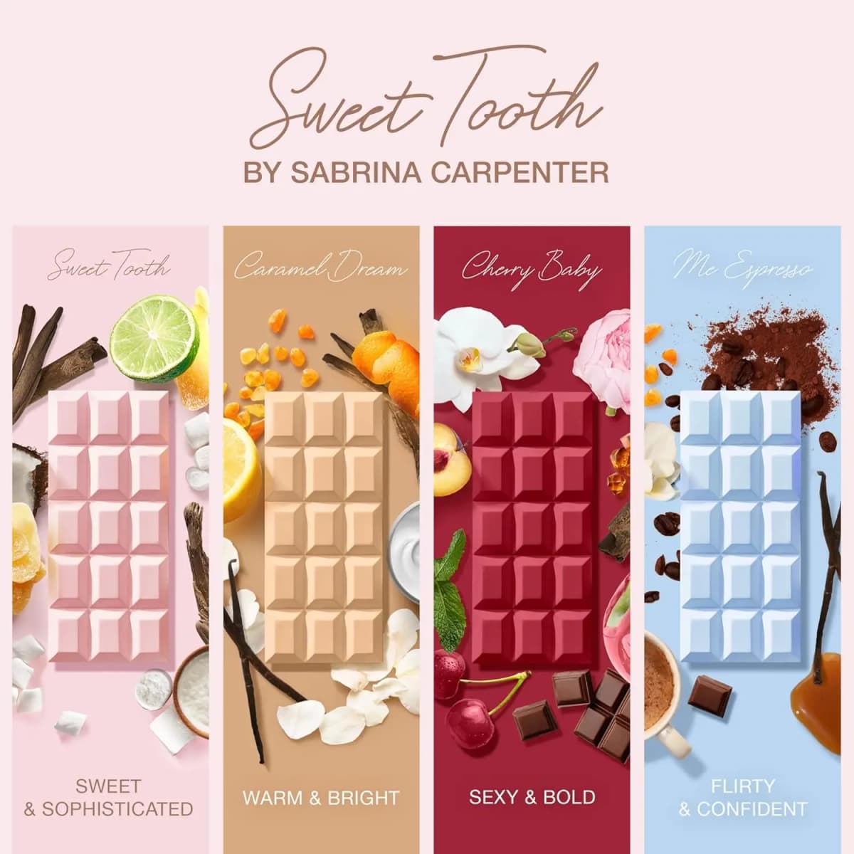 Sabrina Carpenter Sweet Tooth Eau de Parfum Collection for Women – Gourmand Fragrance Assortment (Caramel Dream, Cherry Baby, Me Espresso & Original Sweet Tooth), Vegan, Long-Lasting, 2.5 fl oz / 75 ml Options