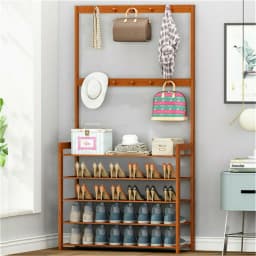 185cm Large Wooden 5 Tiers Hall Tree Hat Coat Stand with 8 Hooks Clothes Shoe Rack Hanger Hooks Shelf Storage 