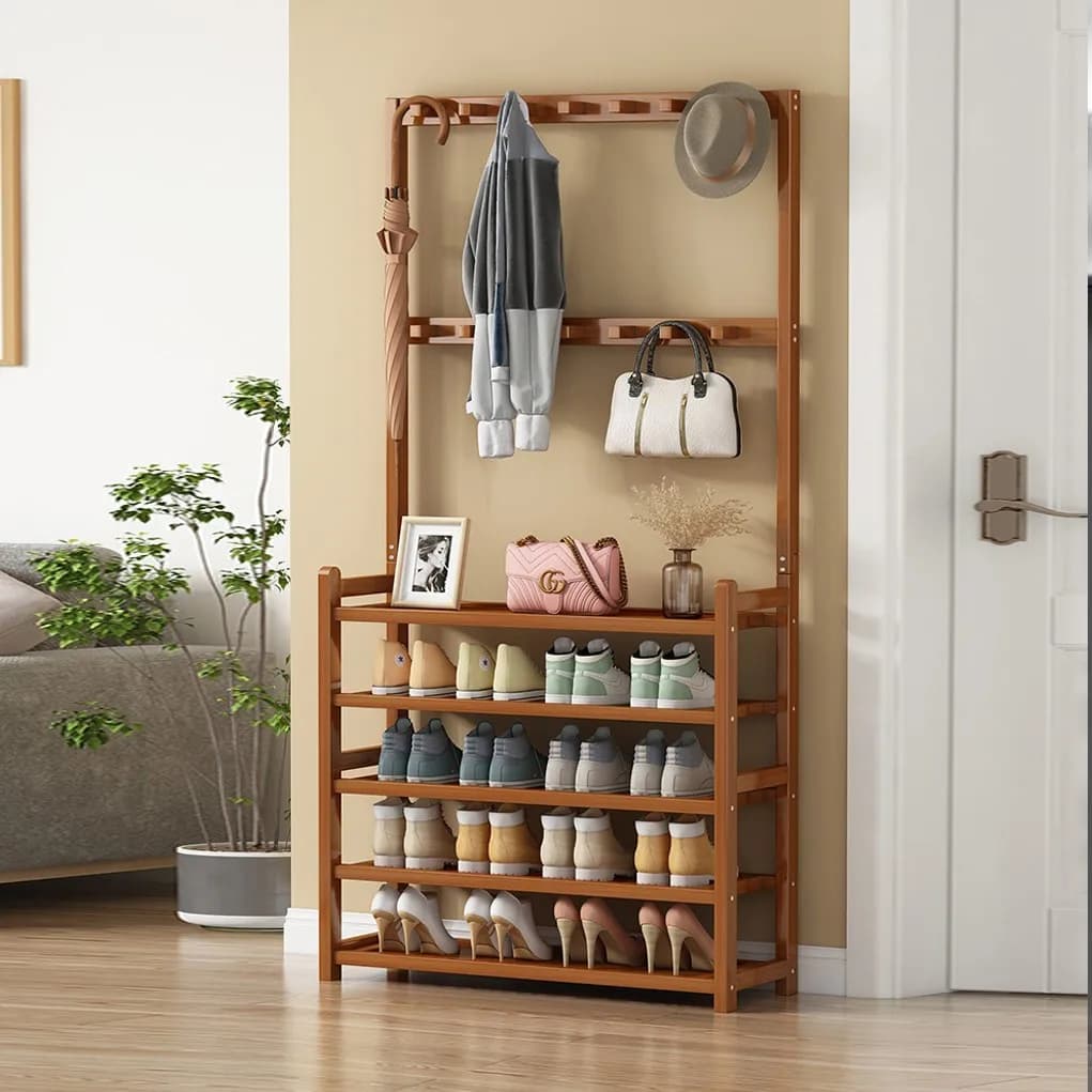 185cm Large Wooden 5 Tiers Hall Tree Hat Coat Stand with 8 Hooks Clothes Shoe Rack Hanger Hooks Shelf Storage 
