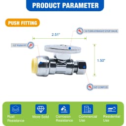 KING SMART 1/2" push fit * 3/8" Comp. OD 1/4 Turn Straight Stop Valve; For PEX Pipe, PERT, CPVC, Copper Pipe; 10Pcs/Case; 80520